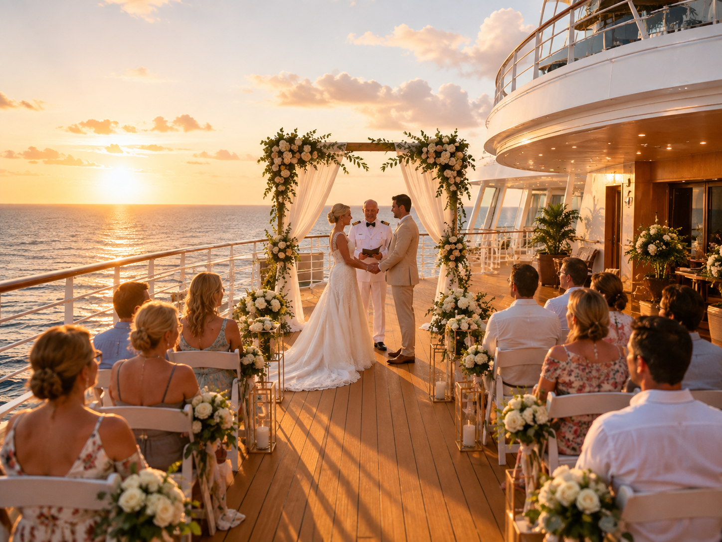 A wedding ceremony on a cruise ship deck at sunset