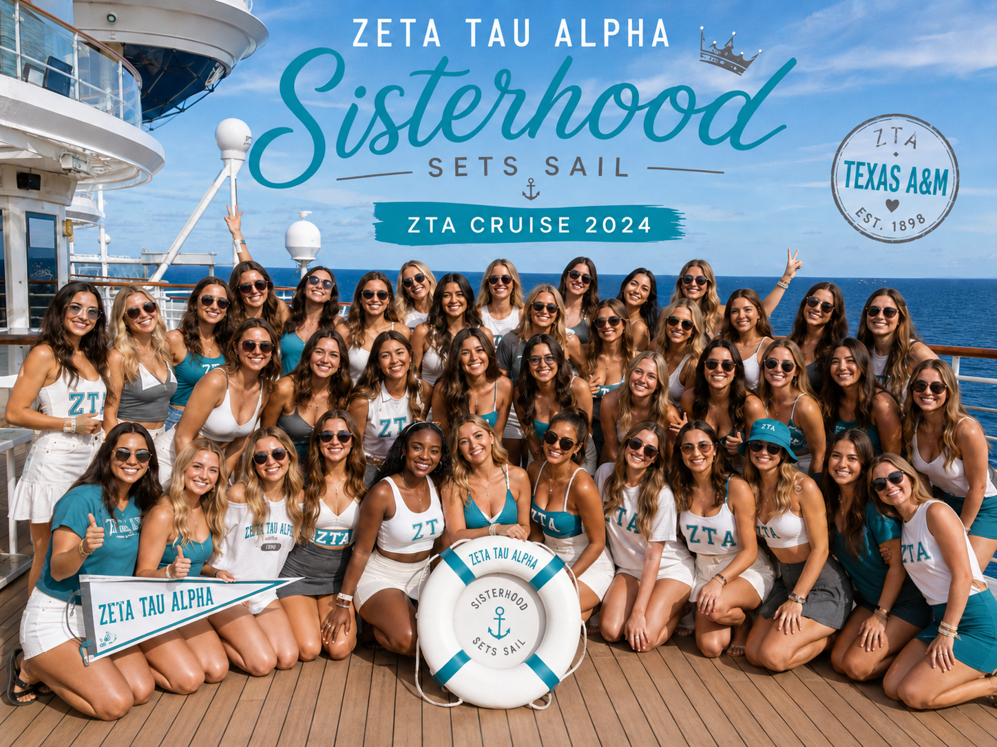 A large affinity group posed together on deck